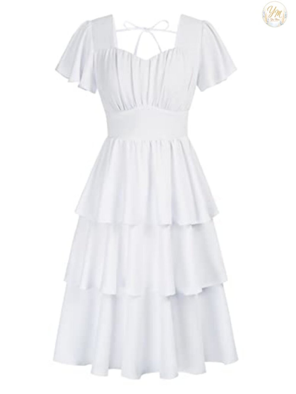 Vintage Square Neck Midi Tea Party Dress Smocked Back Tiered Ruffle